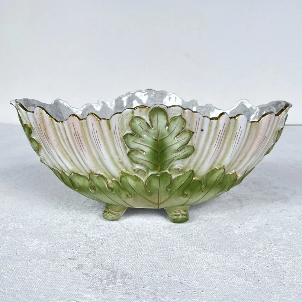 Lefton China Oval‎ Bowl Candy Dish Footed Pearlized 773M Flowers Japan Handpaint